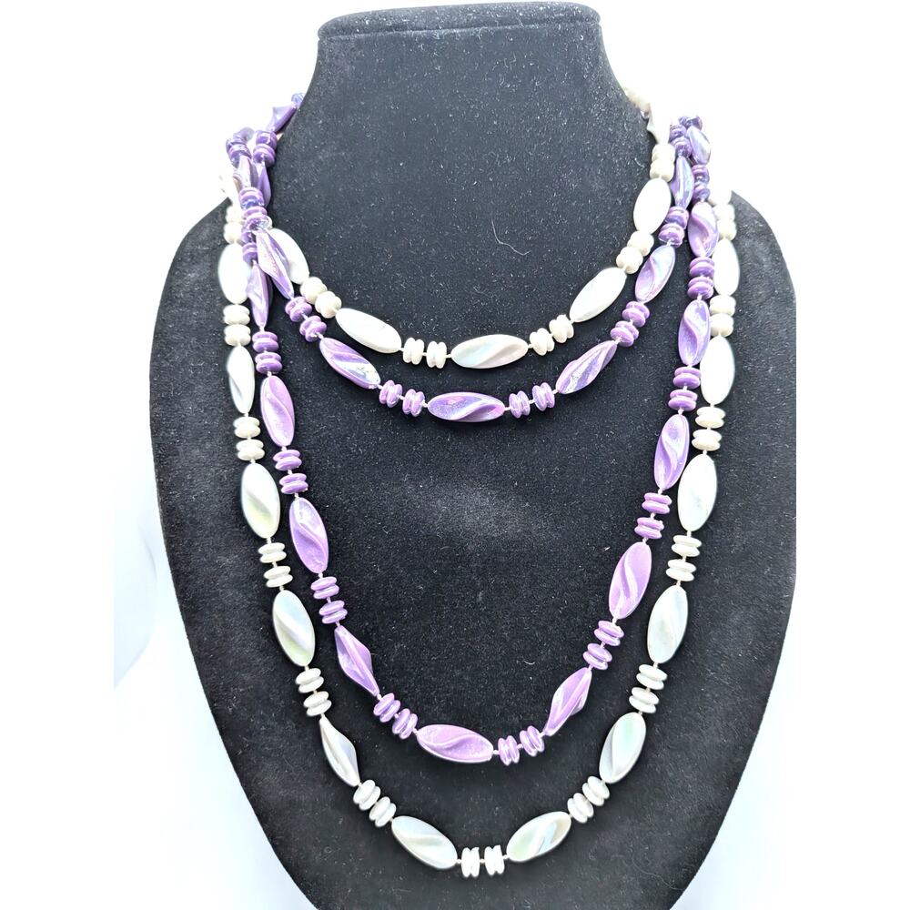 Purple White Plastic Beaded Necklaces 2pc Long 46in Iridescent Boho Vintage
